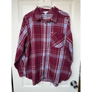 Time and Tru Button Down Flannel Plaid XL Women's Purple Blue Country